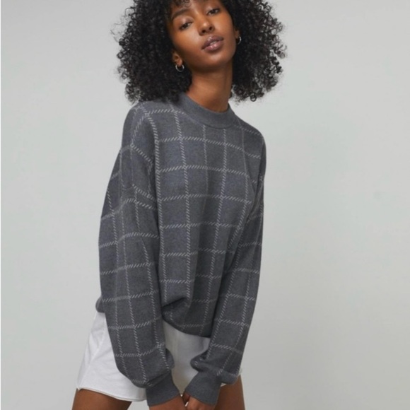 Lunya Cozy Gray Crew Neck Organic Cotton/Silk Sweater with Windowpane Pattern. M - Picture 1 of 11